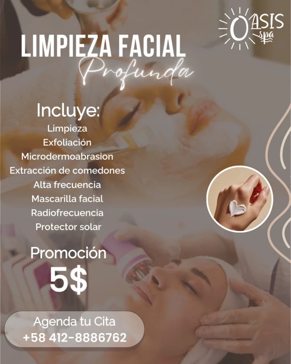 Se realiza limpieza facial profunda
Limpieza
Exfoliación
Microdermoabrasion
Extracción de comedones
Alta frecuencia
Mascarilla
Radiofrecuencia